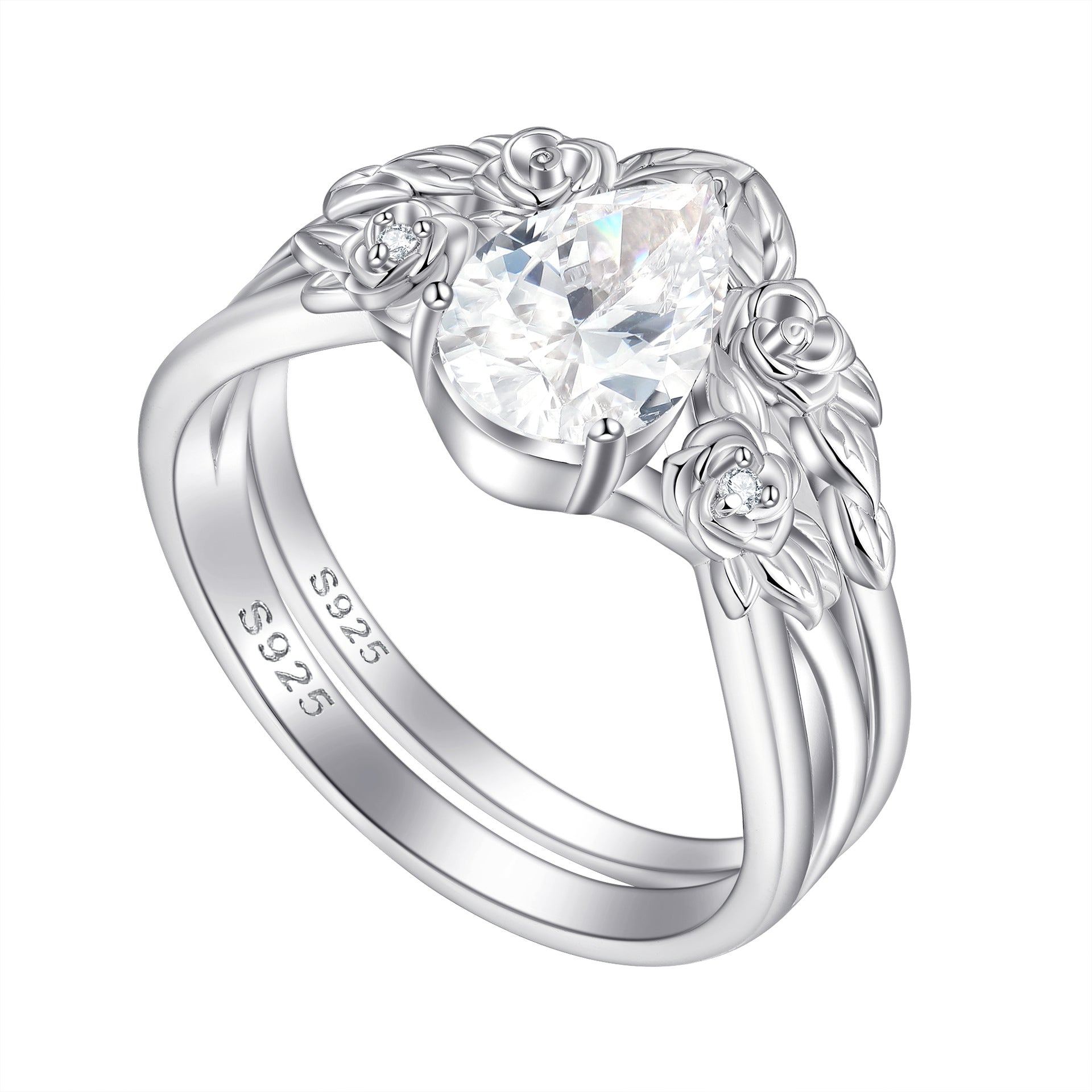 1.5CT Moissanite Flower Teardrop Ring Set