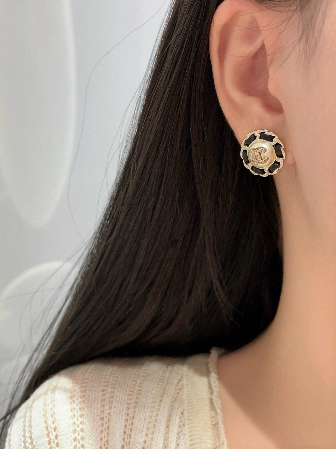 Chanel Black Leather Button Necklace Earrings