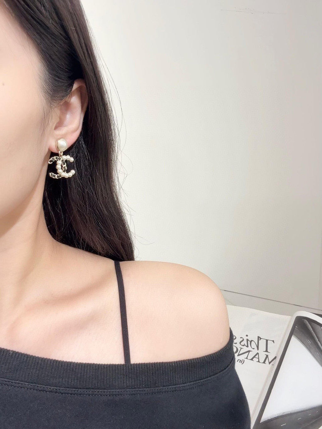 Chanel Black Leather Pearl Earrings