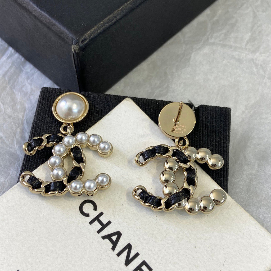 Chanel Black Leather Pearl Earrings
