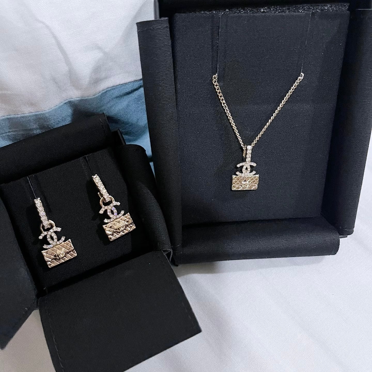 Chanel Bag Necklace Earrings