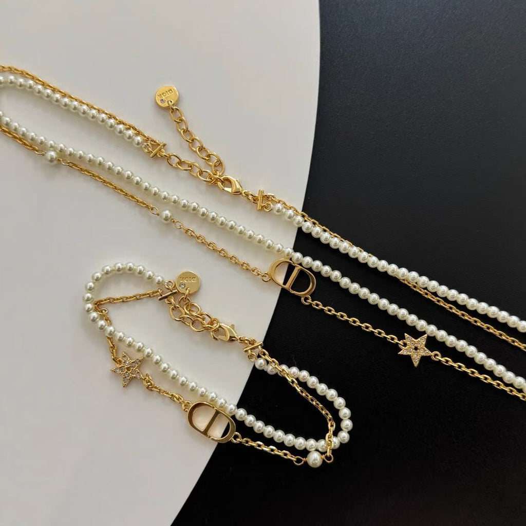Dior Pearl Double Chain Necklace Bracelet