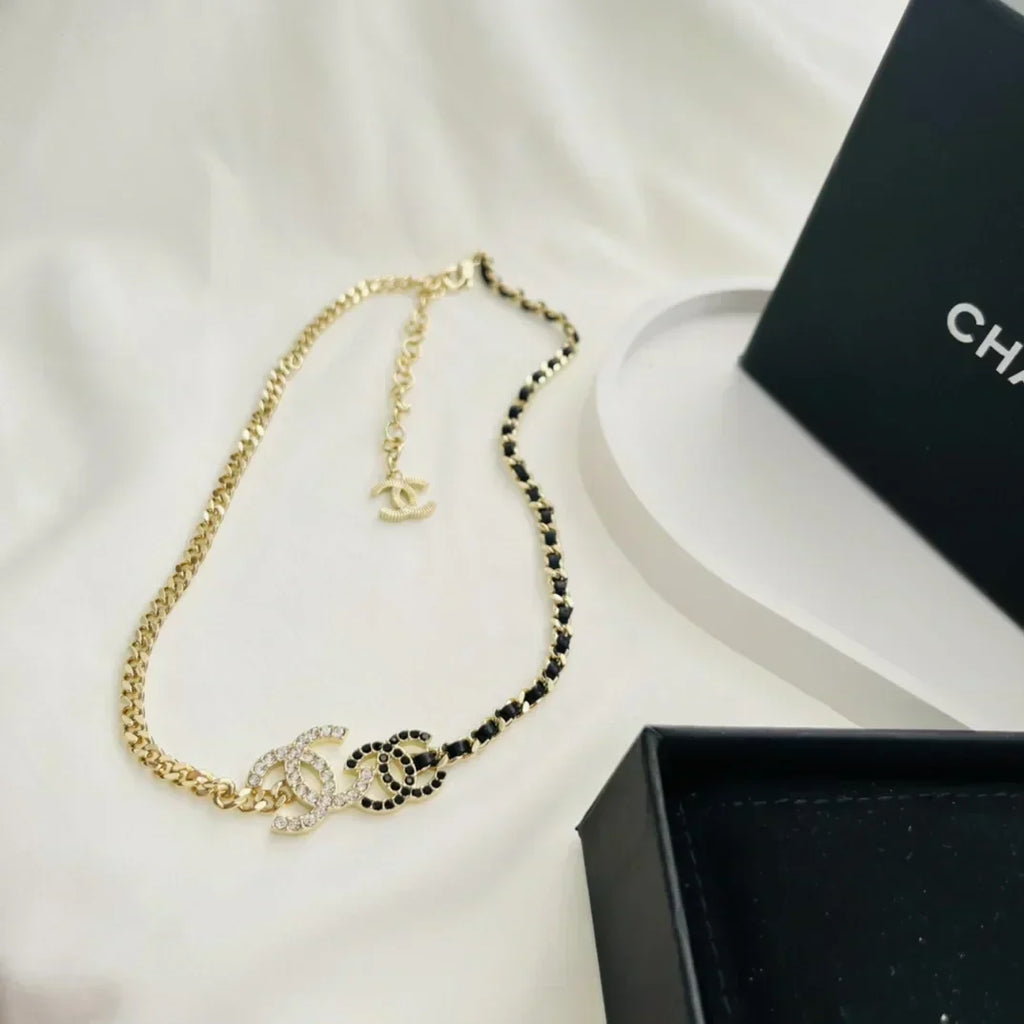 Chanel Double Logo Black Leather Necklace