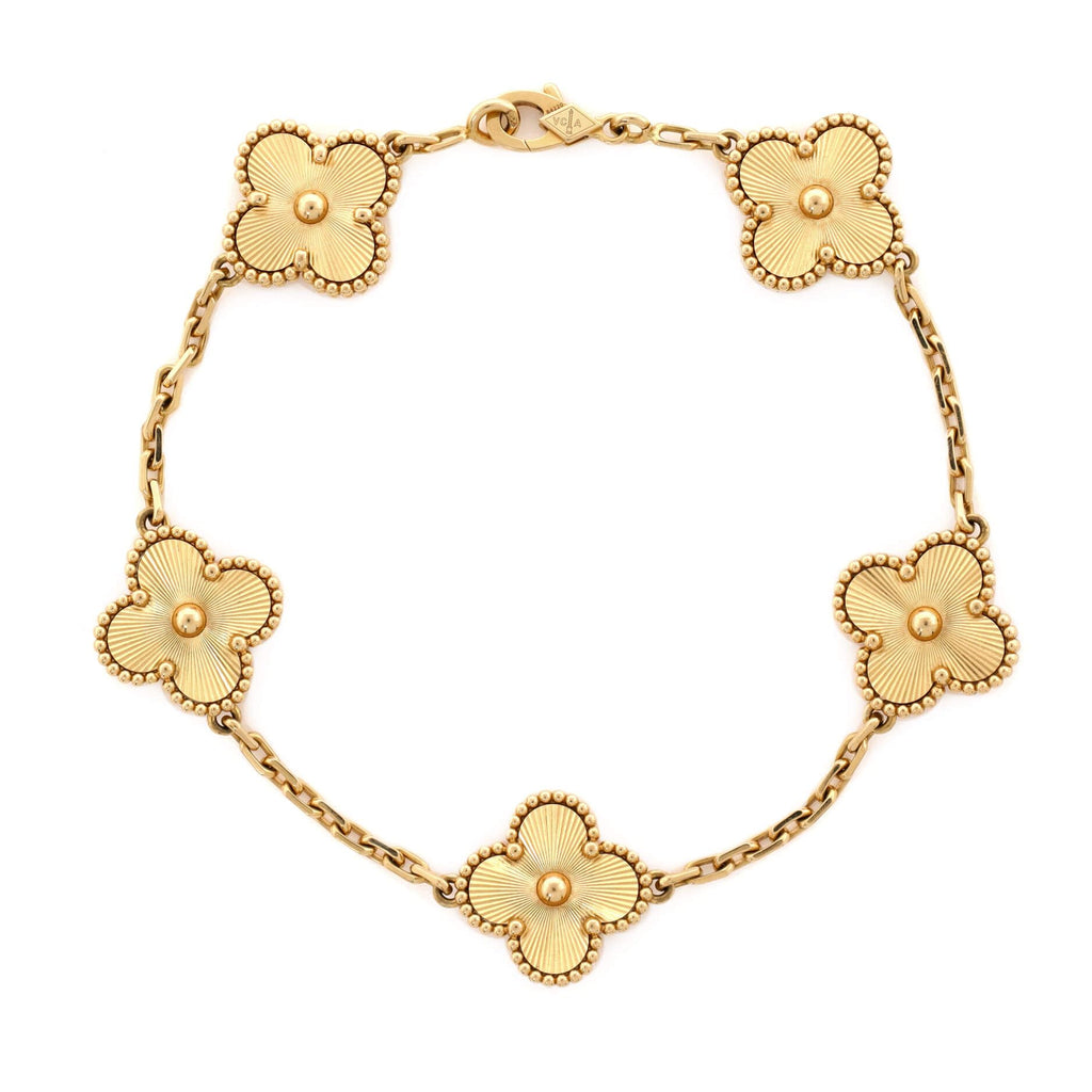 VCA  5 Motifs Bracelet Necklace Earrings Guilloche 18K Yellow Gold